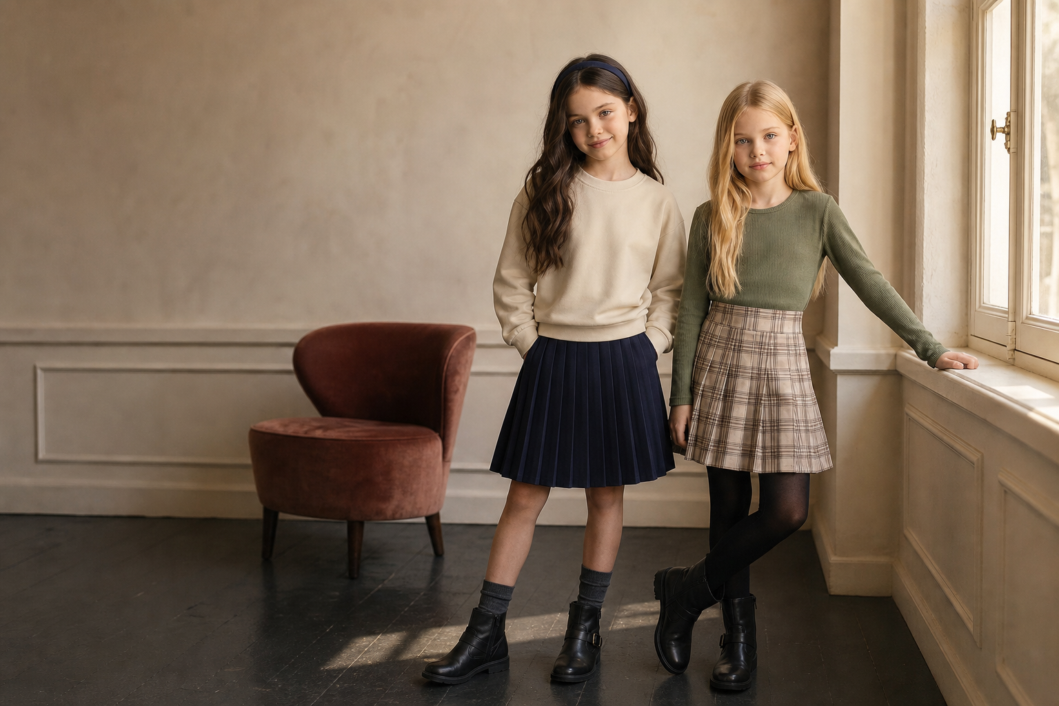 Twee meisjes dragen de nieuwe Mini Mignon-collectie in een Parijs appartement